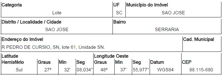 Terreno no Lote 61 em Serraria, Sao Jose/SC em Sao Jose - Santa Catarina