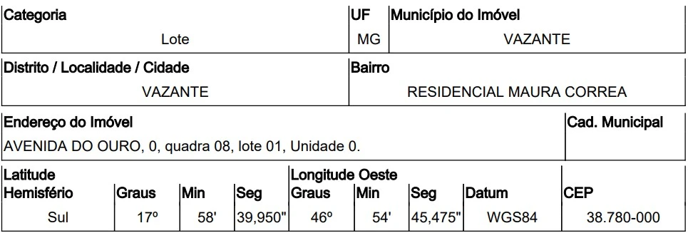Terreno no Resid. Maura Correa em Vazante/MG em Vazante - Minas Gerais