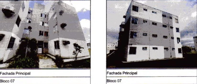 Apartamento branco de 42m² em condomínio residencial com fachada simples e jardim frontal